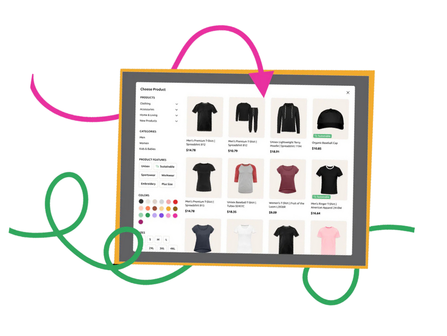 screenshot of products you can customize and sell with spreadconnect